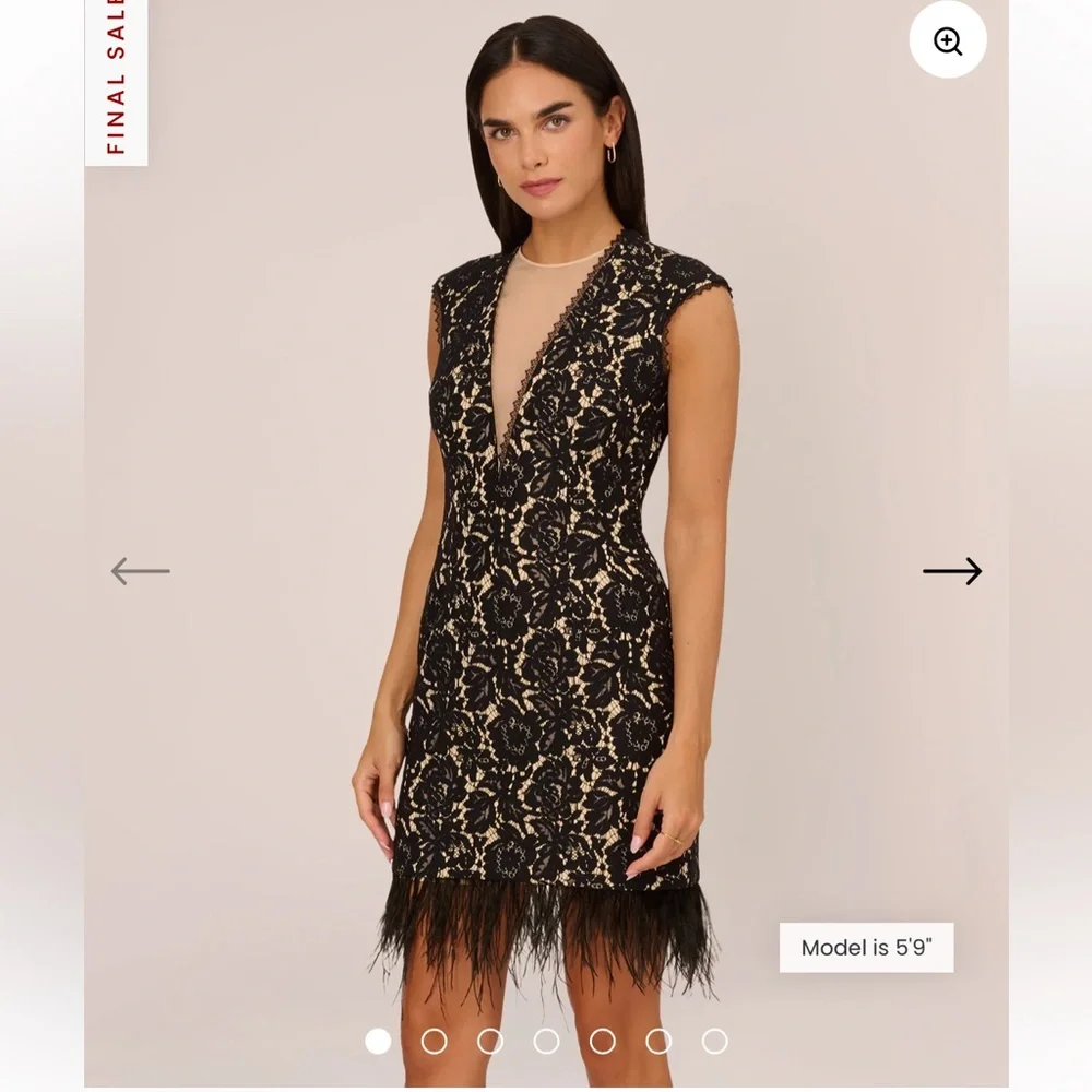 Aidan by Aidan Mattox Cap Sleeve Lace Cocktail Dress with Feather Trim in Black - Picture 2 of 15
